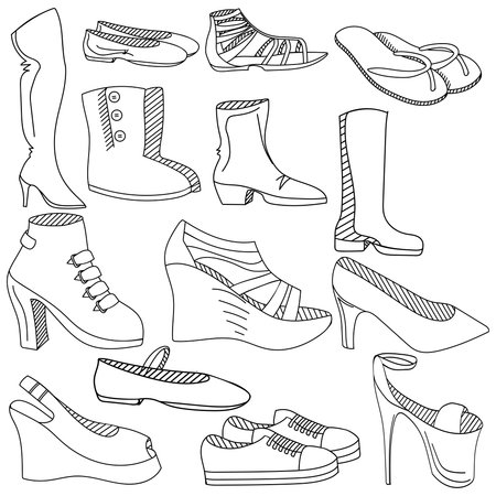 Women shoes coloring book line art design vector illustration. Separate objects. Hand drawn doodle design elements.のイラスト素材
