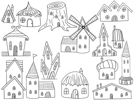 House coloring book line art design vector illustration. Housing separate objects. Habitation hand drawn doodle design elements.のイラスト素材