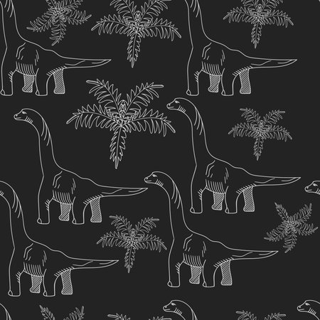 Brontosaurus seamless chalk predator vector illustration. Black and white linesのイラスト素材