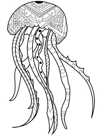 Jellyfish coloring book for adults vector illustration. Anti-stress coloring for adult.  Black and white lines. Lace patternのイラスト素材