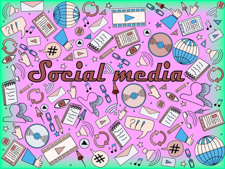 Vector line art Doodle cartoon set of objects and symbols on the Social Media themeのイラスト素材