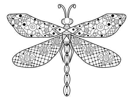 Dragonfly coloring book for adults vector illustration. Anti-stress coloring for adult.  Black and white lines. Lace patternのイラスト素材