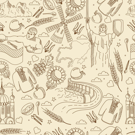 Vector line art Doodle set of cartoon characters and objects on Ukraine. Seamless retroのイラスト素材