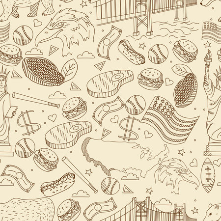 Vector line art Doodle set of cartoon characters and objects on United States. Seamless retroのイラスト素材
