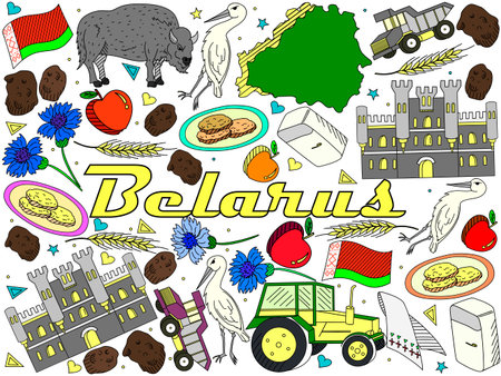 Vector line art Doodle set of cartoon characters and objects on Belarus.のイラスト素材
