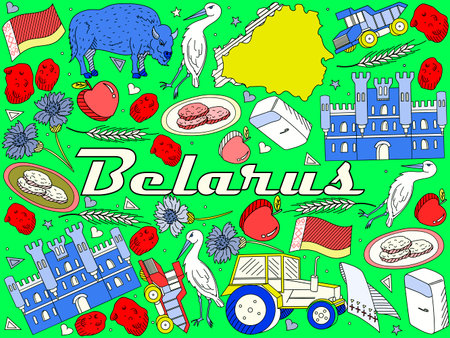 Vector line art Doodle set of cartoon characters and objects on Belarus.のイラスト素材