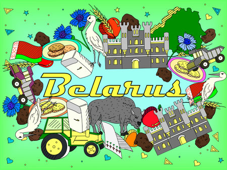 Vector line art Doodle set of cartoon characters and objects on Belarus.のイラスト素材