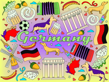 Vector line art Doodle set of cartoon characters and objects on Germany.のイラスト素材