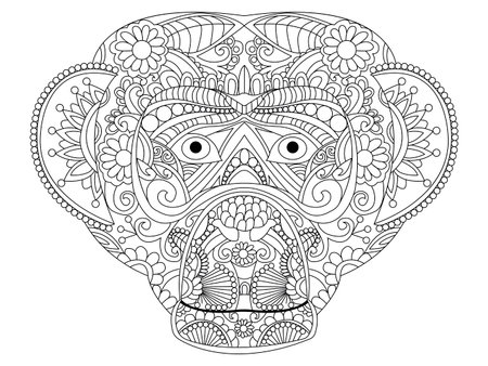 Monkey coloring book for adults vector illustration. Anti-stress coloring for adult. Zentangle style. Black and white lines. Lace patternのイラスト素材