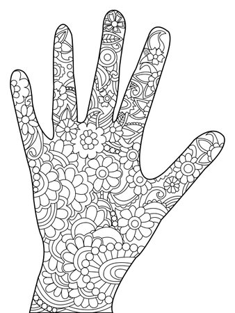 Palm coloring book for adults vector illustration. Hand anti-stress coloring for adult. Zentangle style. Black and white lines. Lace patternのイラスト素材