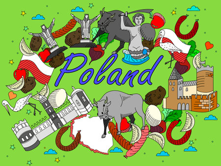 Vector line art Doodle set of cartoon characters and objects on Poland.のイラスト素材