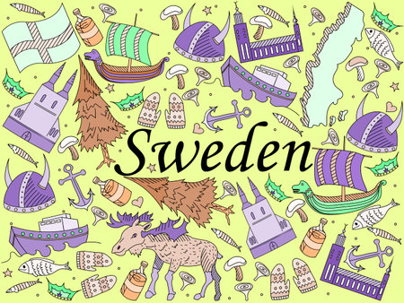 Vector line art Doodle set of cartoon characters and objects on Sweden.のイラスト素材