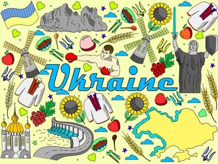 Vector line art Doodle set of cartoon characters and objects on Ukraine.のイラスト素材