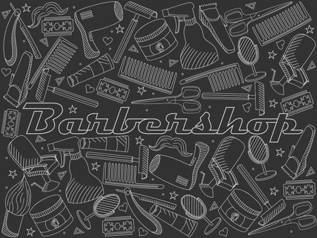 Vector line art Doodle set of cartoon characters and objects Barbershop. Hairdressing salon chalkのイラスト素材