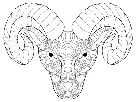 Head ram coloring book for adults vector illustration. Anti-stress coloring for adult. Zentangle style. Black and white lines. Lace patternのイラスト素材