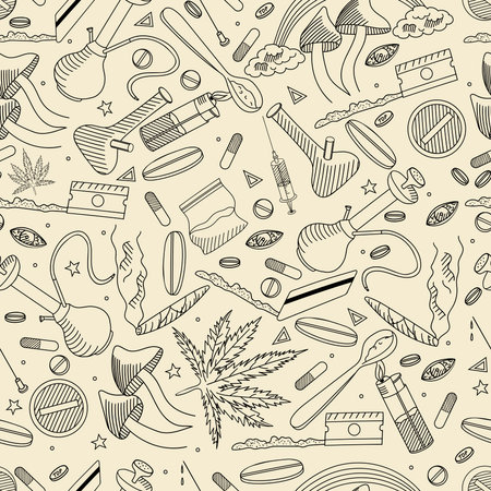 Different tablets pills capsule heap mix therapy drugs doctor flu antibiotic pharmacy vector set. Drugs medicine pills and medical drugs set. Medicine addiction pill drugs prescription. Seamless retroのイラスト素材