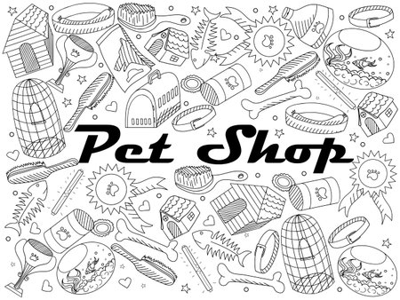 Vector line art Doodle set of cartoon characters and objects pit shop. Coloring bookのイラスト素材