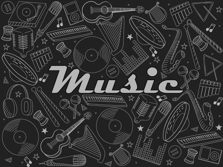 Vector line art Doodle set of cartoon characters and objects music instruments. Chalk illustrationのイラスト素材