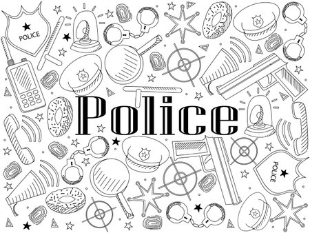 Vector line art Doodle set of cartoon characters and objects police. Coloring bookのイラスト素材