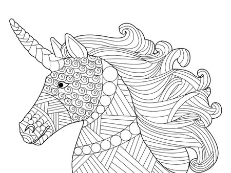 Head unicorn coloring book for adults vector Black and white lines. Lace patternのイラスト素材