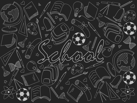 Vector line art Doodle set of cartoon characters and objects school. Chalkの写真素材
