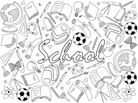 Vector line art Doodle set of cartoon characters and objects school. Coloring bookの写真素材