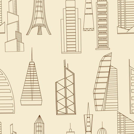 Vector line art Doodle set of cartoon characters and objects tall buildings. Tower blocks seamless retroのイラスト素材