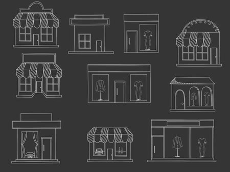 Store isolated on white background vector illustration chalk. Shops and supermarket buildings flat decorative icons set isolatedのイラスト素材