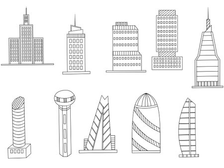 Vector line art Doodle set of cartoon characters and objects tall buildings. Tower blocks coloring bookのイラスト素材
