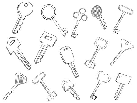 Vintage keys set isolated on white. Coloring book vector illustration. Symbol of nostalgia, security and access.のイラスト素材