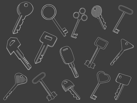 Vintage keys set isolated on white. Chalk vector illustration. Symbol of nostalgia, security and access.のイラスト素材