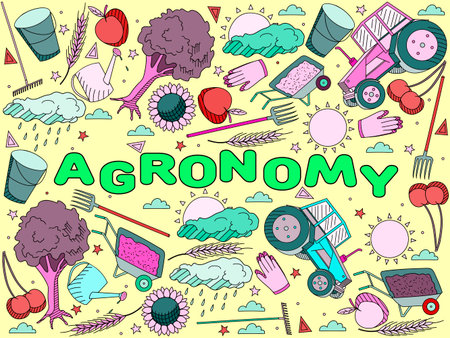 Vector line art Doodle set of cartoon characters and objects Agronomy.のイラスト素材