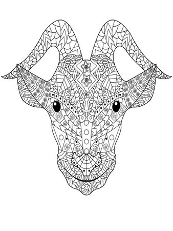 Goat head coloring book for adults vector illustration. Anti-stress coloring for adult.  Black and white patternのイラスト素材