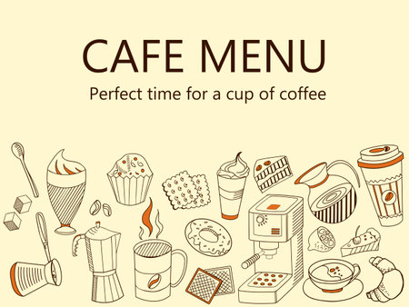 Perfect time for a cup of coffee. Banner vector illustration. Icons art set Doodle line design of web banner template with outline cafe menu, cups, coffee, tea, desserts, kitchen accessoriesのイラスト素材