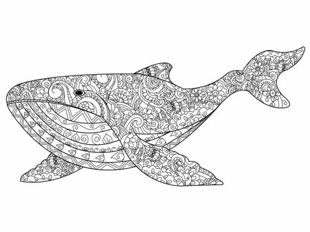 Whale coloring book for adults illustration. Anti-stress coloring for adult. style. Black and white lines. Lace patternのイラスト素材