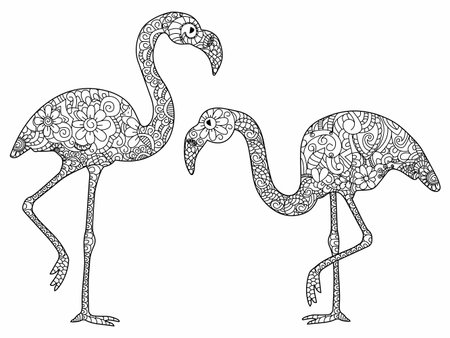 Two flamingos book for adults illustration. Anti-stress coloring for adult bird. style. Black and white lines. Lace patternのイラスト素材