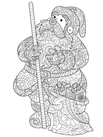 Santa Claus with a bag of gifts book for adults  illustration. Father Frost Anti-stress coloring.  style. Black and white lines. Lace patternのイラスト素材