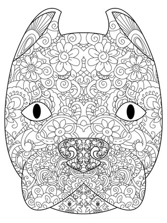 good American Pit Bull Terrier head coloring vector for adultsのイラスト素材