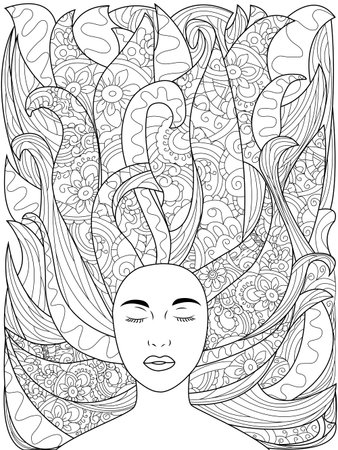 Beautiful sketch girl with long hair coloring vector for adultsのイラスト素材