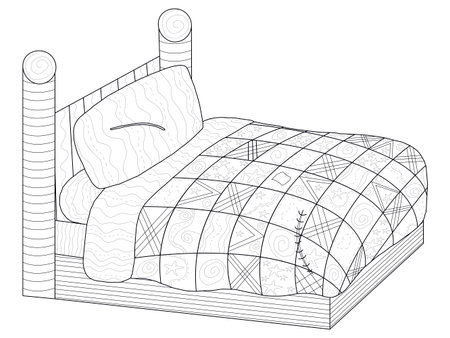 Bed with a patchwork quilt Coloring book vector for adultsのイラスト素材