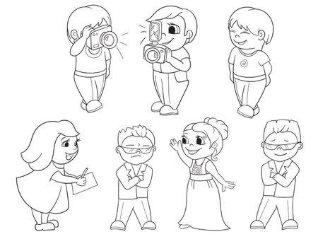 Red track with star, fans and paparazzi coloring book for children cartoon vector illustration. Black and white objectのイラスト素材