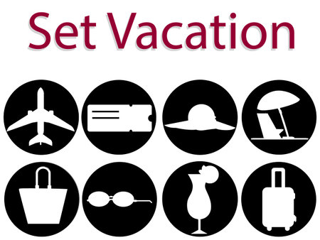 Vector illustration set of vacation. Icon and logo of airplane, cocktail, ticket, travel bagのイラスト素材