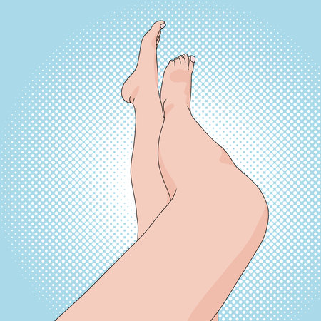 Female legs on the beach pop art retro style. Good moment for a relaxing woman. feet Vector with a long Nails. Enjoying the summerのイラスト素材