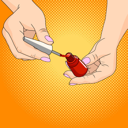 Hands of a woman with dark red manicure and nail polish bottleのイラスト素材