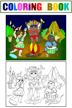 Indian tribe in the form of three children colouring book.のイラスト素材