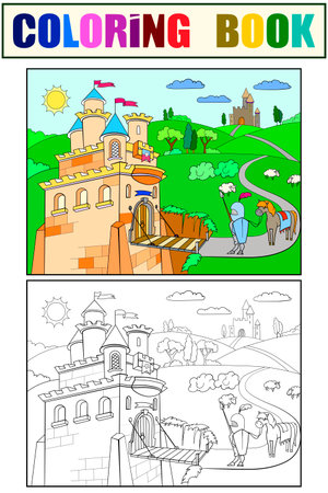 Kids Coloring cartoon knightly castle vector. Black and white, knight, horse, armor, castle, fairy tale and natureのイラスト素材