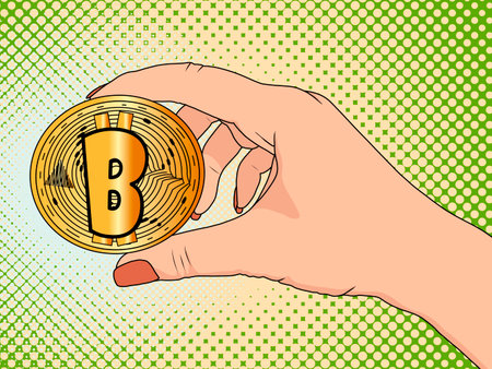 Gold bitcoin in the hand of a woman. Pop art dot, vector illustrationのイラスト素材