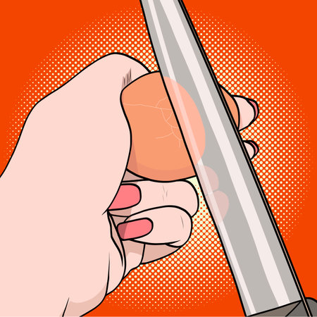 Pop art Female hands breaking an egg. Uses a knife vectorのイラスト素材
