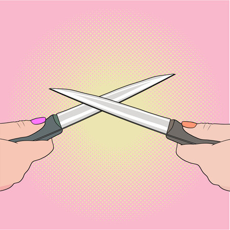 Pop art. Fight with knives, vector. Woman holding a knife in his hand. Concept war, struggle, competition. Knife in hand. Solution of conflict fight with knives. Aggression, violence.のイラスト素材