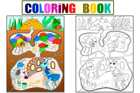 Interior and family life of ants in an anthill coloring for children cartoon vector illustration. Black, color and white background.のイラスト素材